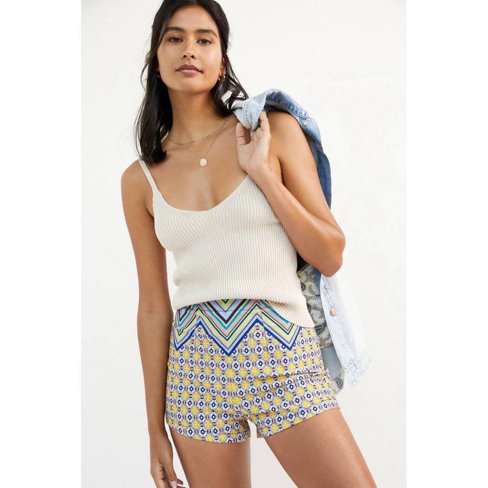 Anthropologie Yellow and Blue Patterned High Waist Shorts
